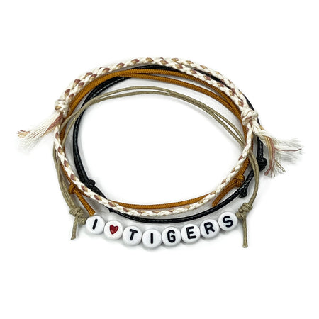 I Heart Tigers Bracelet Pack with braided golden cords and red heart letter beads