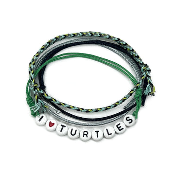 I Heart Turtles Letter Bead Bracelet Pack with green black cords and letter beads