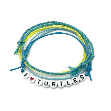 I Heart Turtles Bracelet Style Pack with blue and yellow cords and letter beads