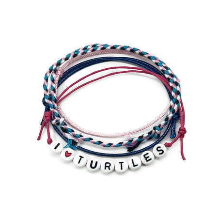 I Heart Turtles Bracelet Style Pack with pink cord, letter beads and navy accents
