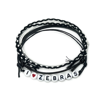 I Heart Zebras Bracelet Pack with braided black and white cords and red heart letter beads