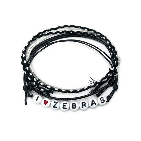 I Heart Zebras Bracelet Pack with braided black and white cords and red heart letter beads