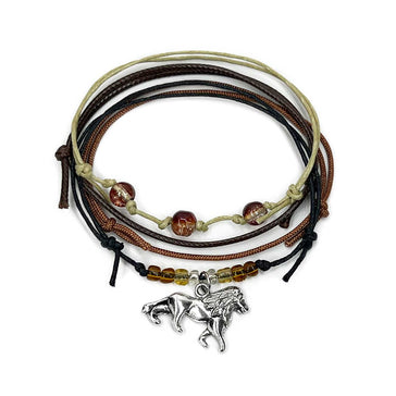Lion Bracelet Style Pack with earthy cords silver lion charm bracelets and safari beads