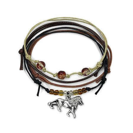 Lion Bracelet Style Pack with earthy cords silver lion charm bracelets and safari beads