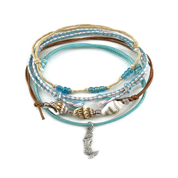 Wholesale Mermaid Shell Bracelet Pack with spiral shells, silver charm and beachy cords