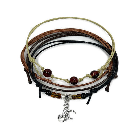 Monkey Bracelet Style Pack with silver monkey charm and earthy nylon cord bracelets