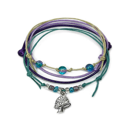 Wholesale mushroom bracelet pack with silver charm and earthy cords