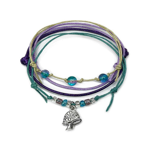 Mushroom Bracelet Style Pack with silver charm, ombre beads and earthy cords