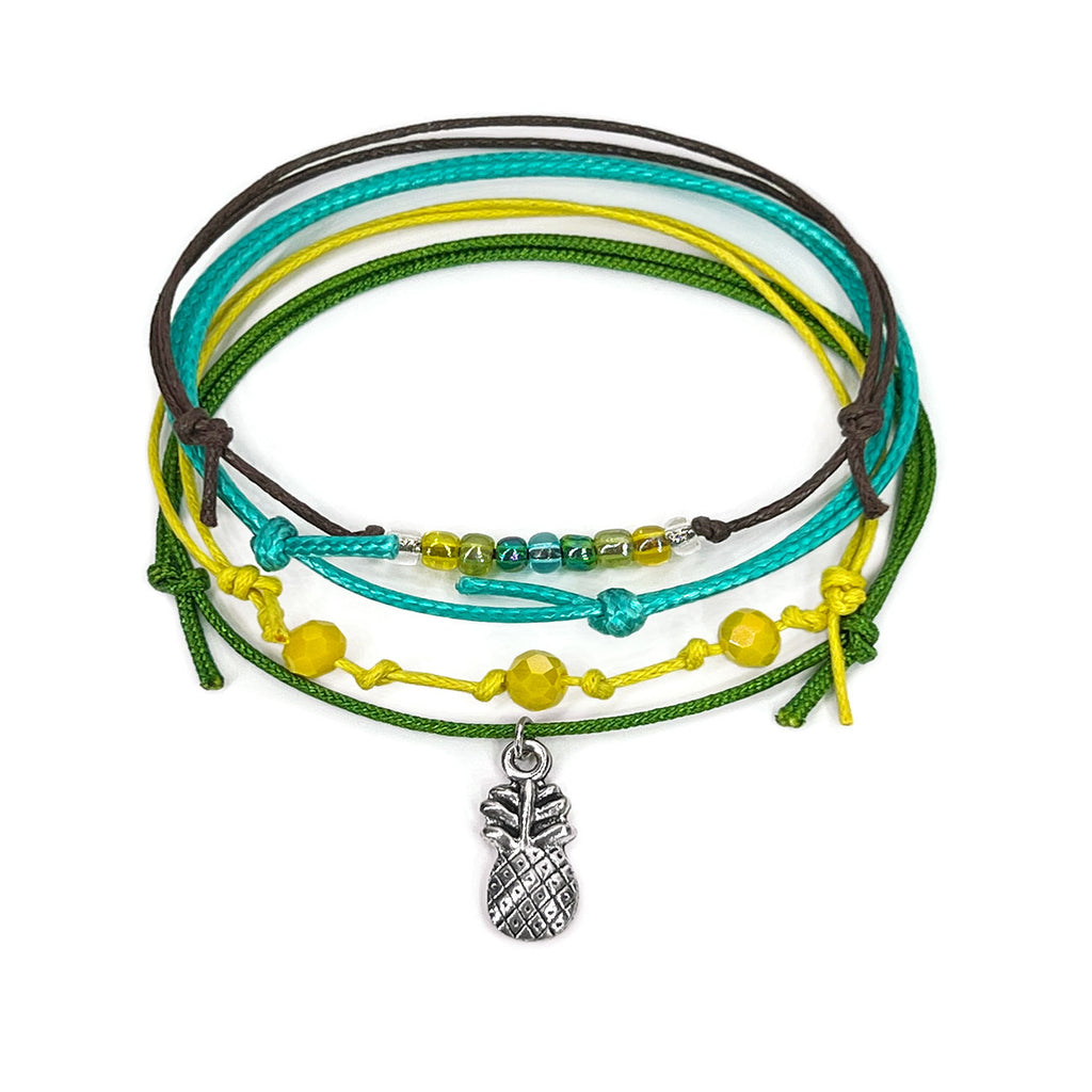 O Yeah Gifts Pineapple Charm Bracelet with green and yellow cords, glass beads and silver pineapple charm
