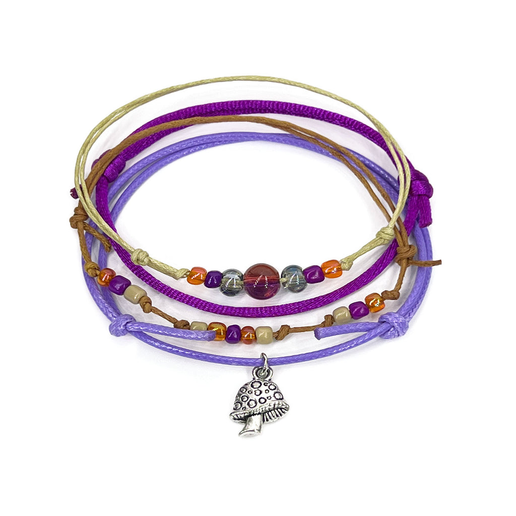 O Yeah Gifts Purple Mushroom Bracelet with silver charm, vibrant beads, and adjustable layered cords, perfect for teens and boho festival fashion lovers