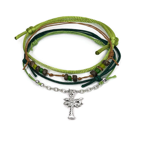 Palm Tree Coconut Beaded Bracelets with silver charm and green string