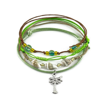 Palm Tree Shell Charm Bracelet Pack with natural cord colors and real shell accents