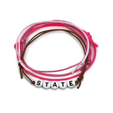 Pink State Letter Bead Bracelet Pack with 4 adjustable and stackable bracelets, customizable to display your home state with vibrant pink cords.