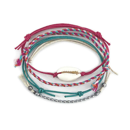 Pink Cowrie Shell Bracelet Pack with real shell and braided pink beach cords