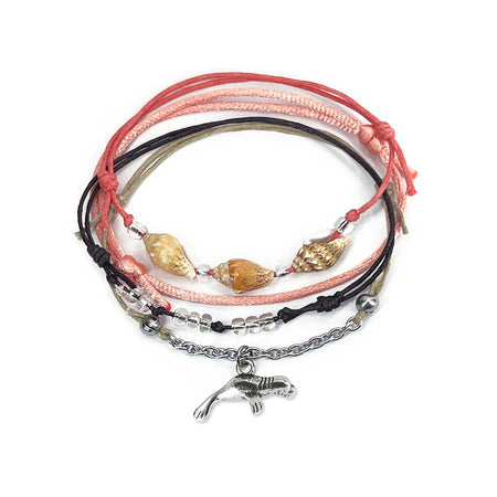 Pink Manatee Bracelet Pack with shell beads and ocean charm on stackable pink and brown cords