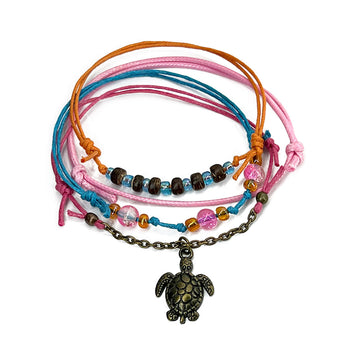 Pink Sea Turtle Coconut Bead Bracelet Pack with bronze charm, crackle beads and waterproof pink cords