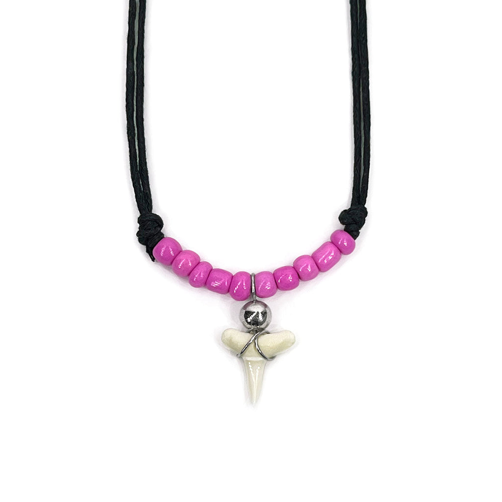 Pink shark tooth necklace with real tooth, silver bead and bright pink glass beads on black cord