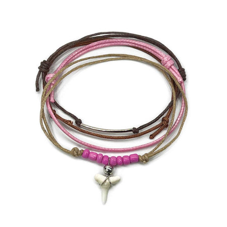 Pink Shark Tooth Bracelet Style Pack with real shark tooth and pink glass beads on adjustable beach cords
