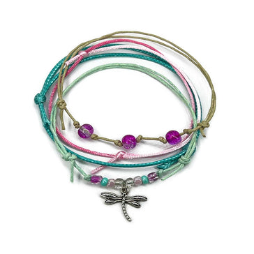 Wholesale dragonfly bracelet pack in purple tones with silver charm