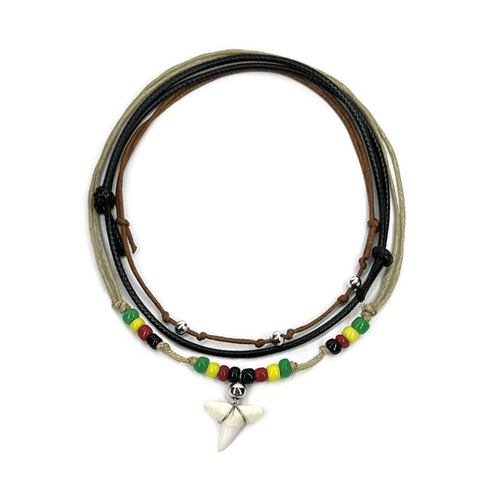 Rasta Shark Tooth Anklet Pack with red, yellow and green cords and real shark tooth