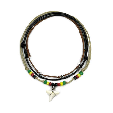 Rasta Shark Tooth Anklet Pack with red, yellow and green cords and real shark tooth