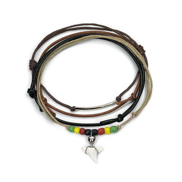 Rasta Shark Tooth Bracelet Pack with real tooth, reggae beads and beach cords