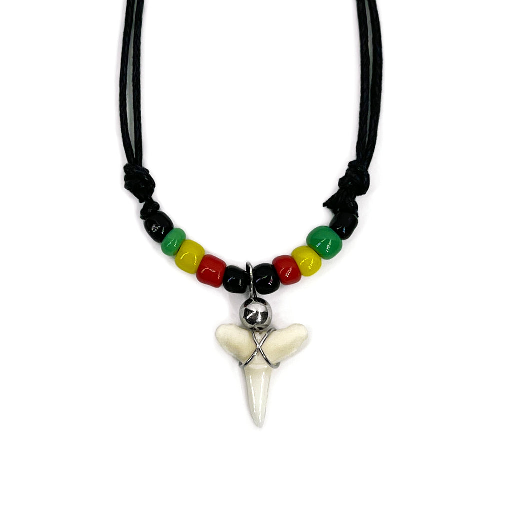 Rasta Shark Tooth Necklace with real tooth, red, green and yellow glass beads and adjustable black cotton cord