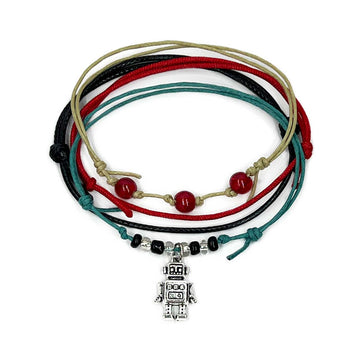 Robot Bracelet Style Pack with silver charm, striped glass beads and tech-inspired cords