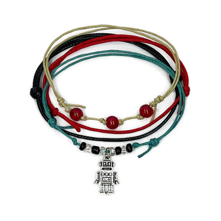 Robot Bracelet Style Pack with silver charm, striped glass beads and tech-inspired cords