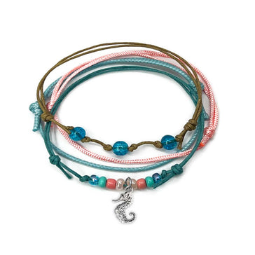 Seahorse Bracelet Style Pack – Stackable Waterproof Beach Bracelets with Silver Seahorse Charm