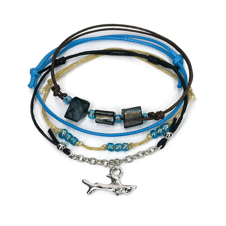 Shark Shell Charm Bracelet Pack with silver shark charm and shell beads