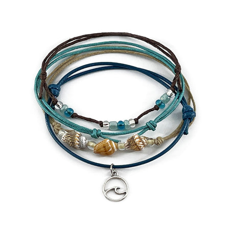 4 ocean-themed shell charm bracelets with silver wave charm and natural shells in blue, teal and beige tones