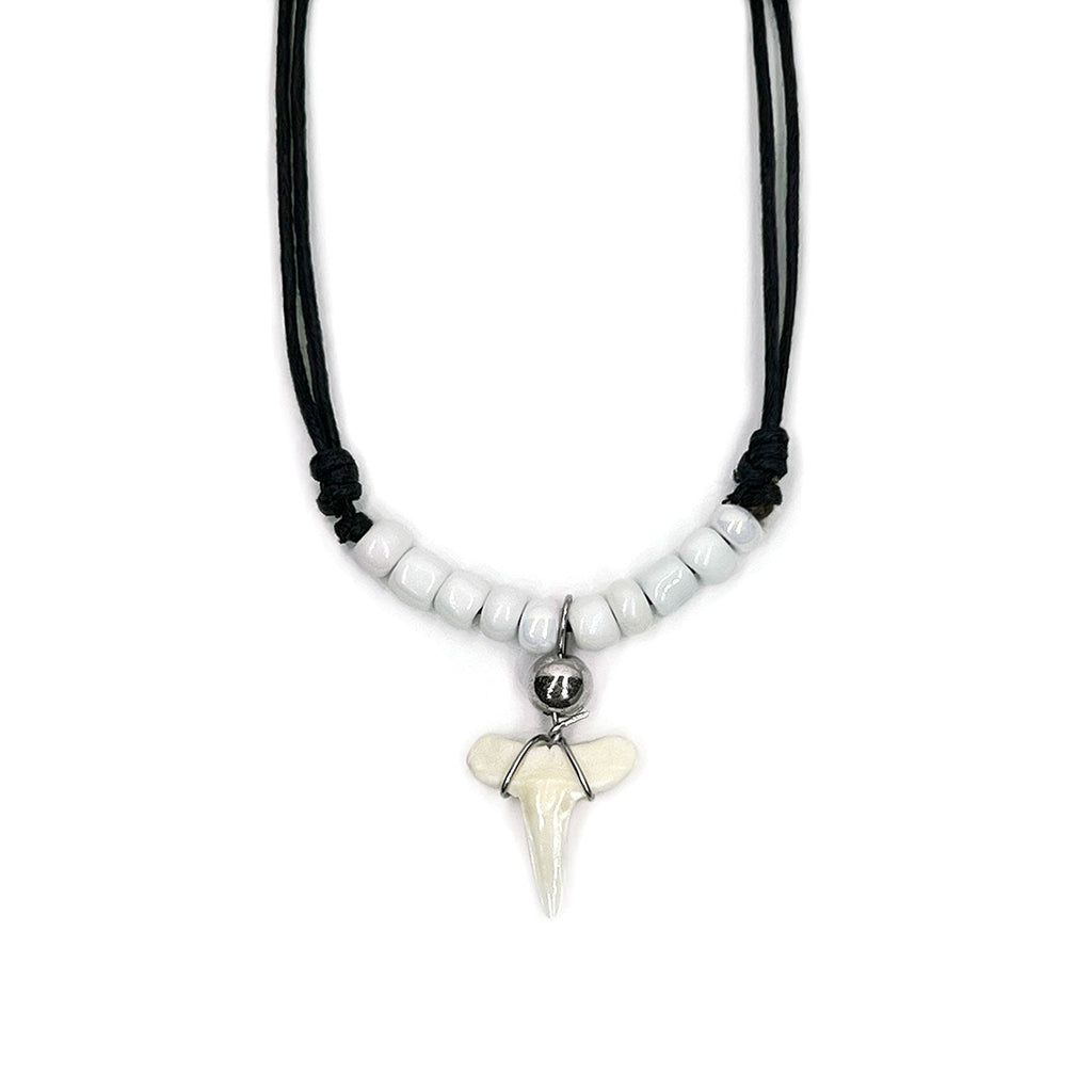 White Shark Tooth Beaded Necklace with real tooth, silver accent and white beads
