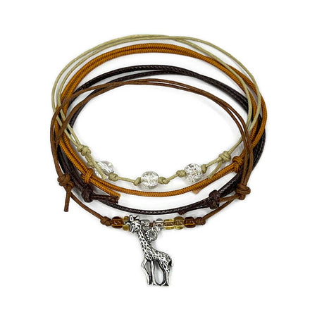 Wholesale Giraffe Bracelet Style Pack with silver charm, shimmer beads and golden beach tones