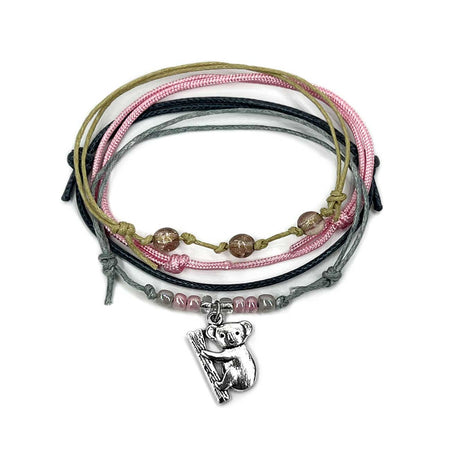 Wholesale Koala Bracelet Style Pack with silver charm, pastel pink cords and glass beads