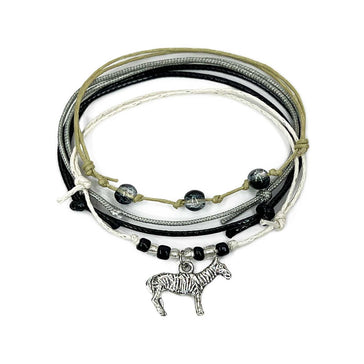 Zebra Bracelet Style Pack with silver zebra charm beaded bracelets and stackable striped black-and-white waterproof cords