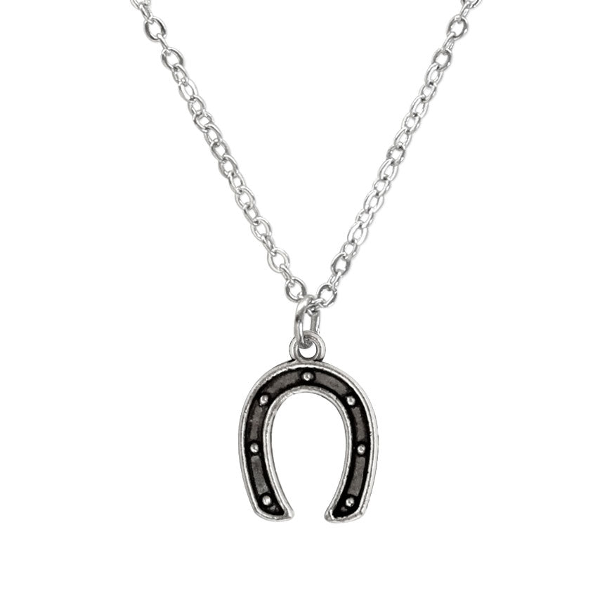 Close-up of polished silver horseshoe charm pendant