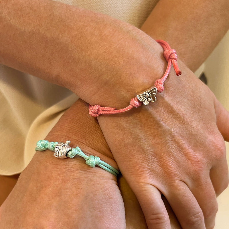 O Yeah Gifts Butterfly Charm Bracelet – Pink and green cord bracelets with silver butterfly charms, great for besties or matching friendship jewelry.