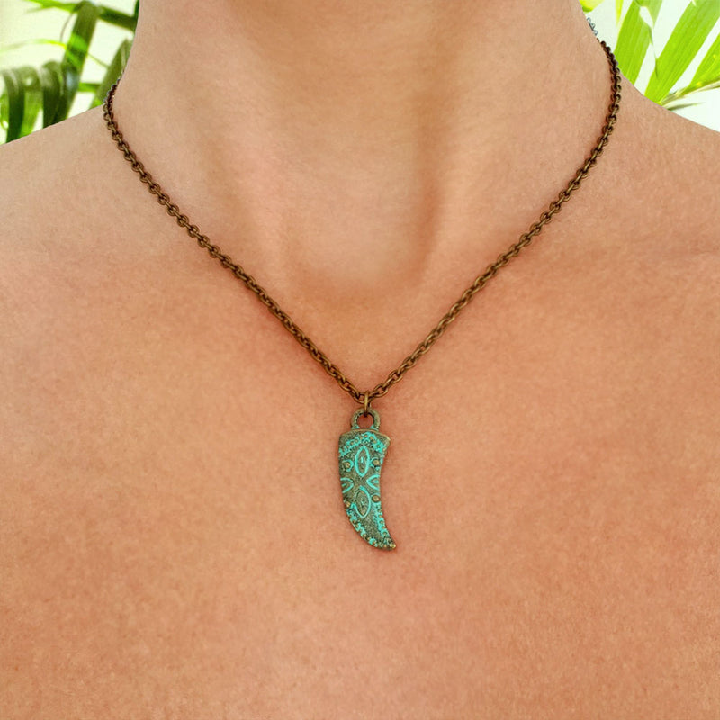 Tribal shark tooth pendant necklace in antique bronze and patina green worn as a choker – boho surf style beach jewelry by O Yeah Gifts