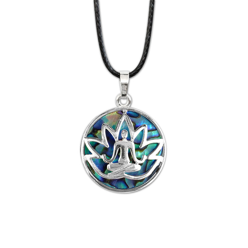 Abalone Lotus Necklace featuring a lotus pendant with shimmering shell and mixed metals.