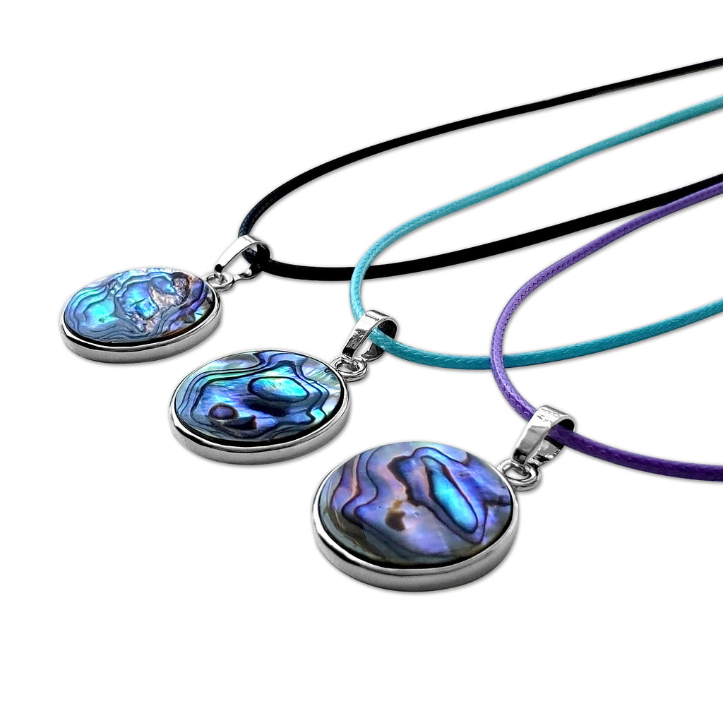 Abalone necklace with a circle pendant, reflecting beach vibes and ocean colors.