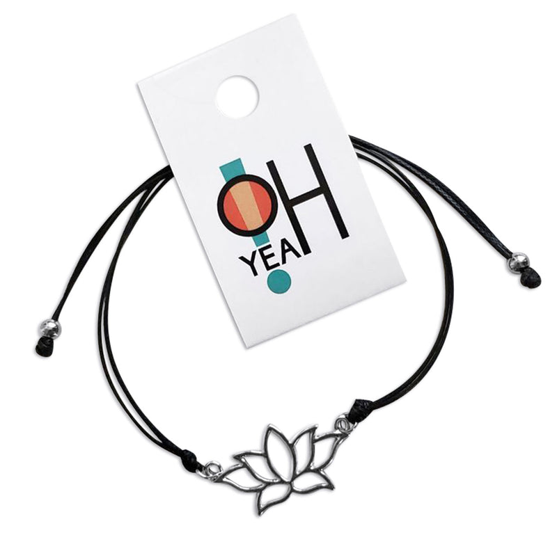 O Yeah Gifts Black Lotus Flower Bracelet with silver lotus charm and adjustable black cord, ideal for Swifties, boho teens and yoga lovers seeking chakra jewelry with a spiritual, fashionable twist