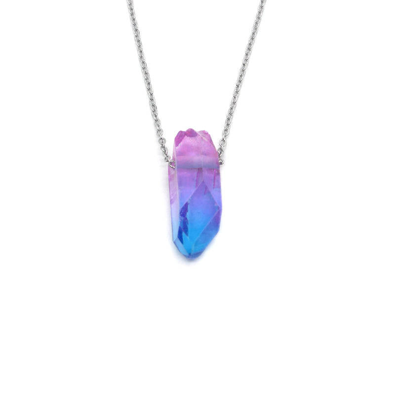 Ocean-inspired quartz crystal necklace featuring blue and purple tones, perfect for beach and beachy looks.