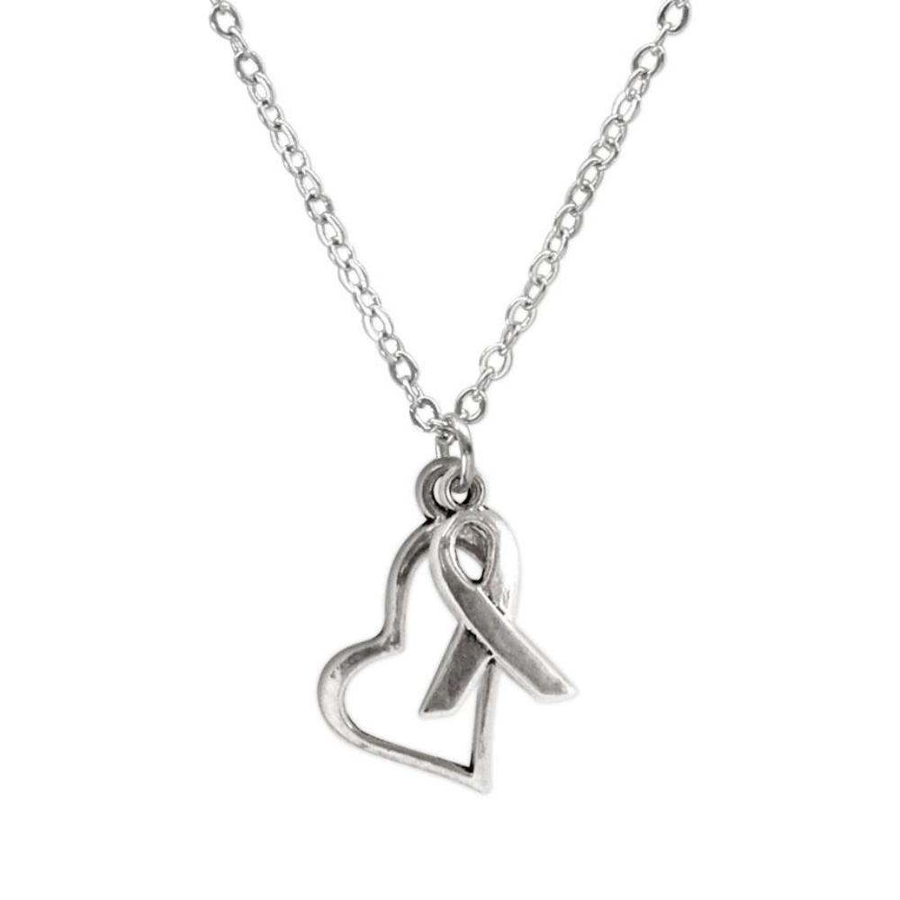 Silver Cancer Awareness Necklace with heart and ribbon charms โ symbol of hope and love
