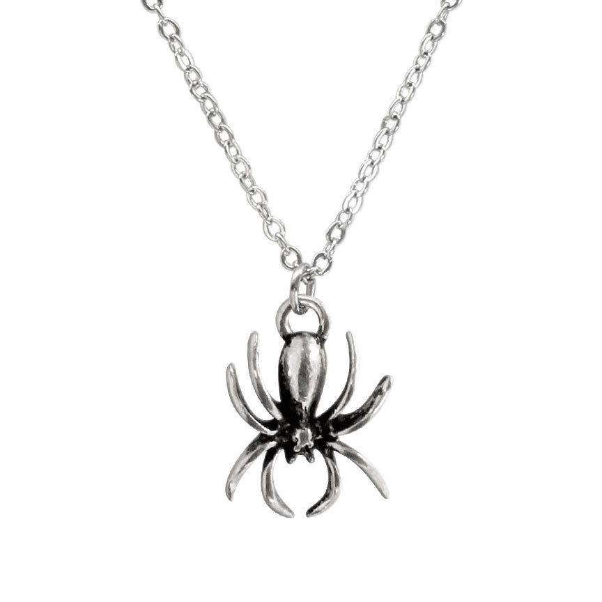 Spider charm necklace featuring a detailed .5 inch spider pendant on an 18 inch antique silver link chain with lobster clasp, handcrafted gothic nature jewelry perfect for alt girls, witchy wardrobes, soft goth and dark academia styles, made from lead and nickel free alloy by O Yeah Gifts.