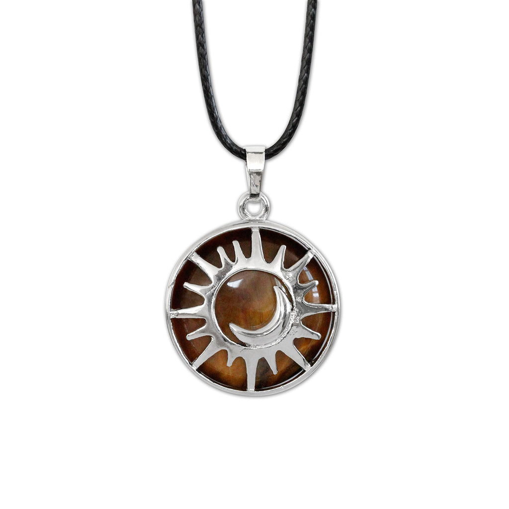 Tiger Eye Sun and Moon Gemstone Pendant Necklace on Black Cord by O Yeah Gifts