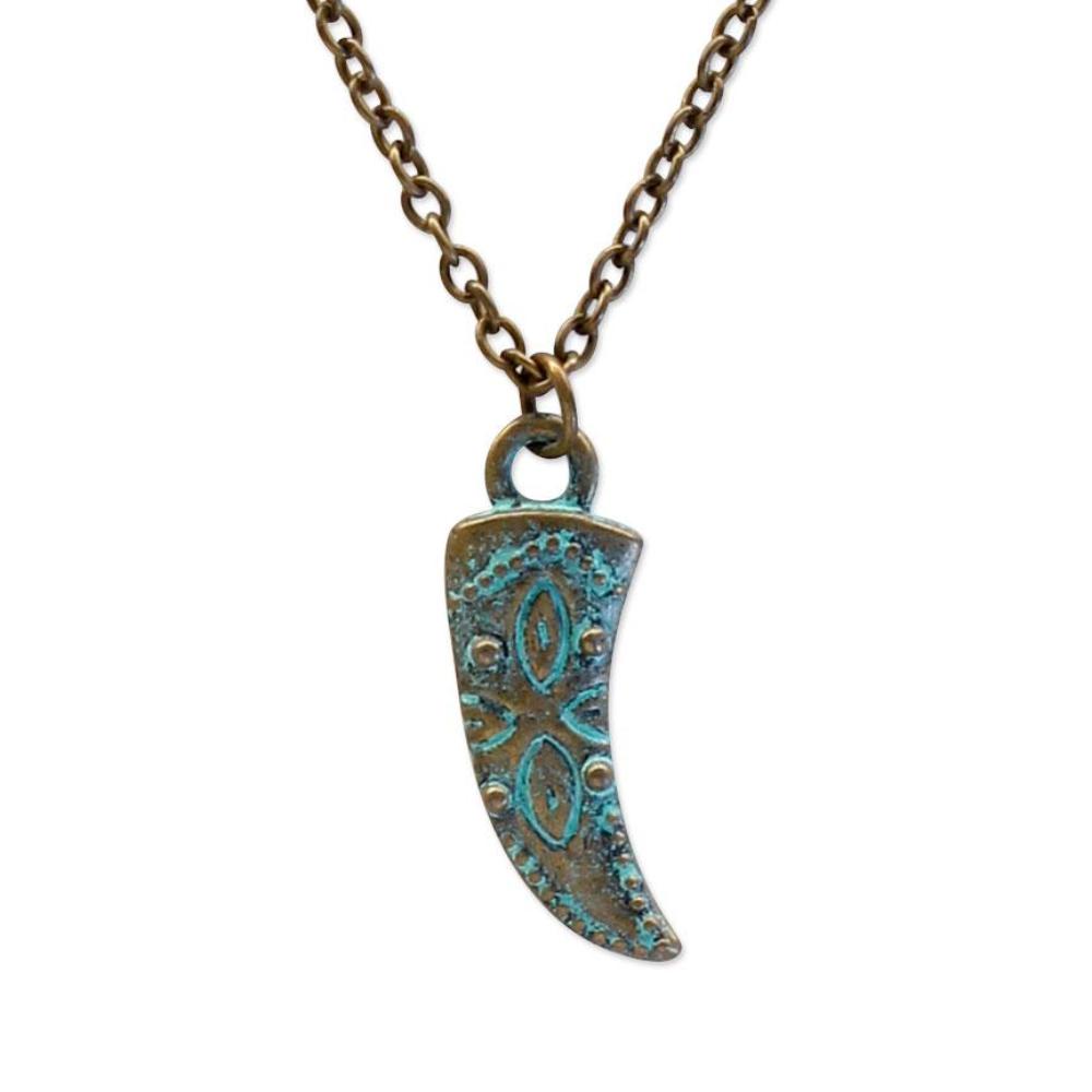 Tribal shark tooth pendant necklace in antique bronze with patina green finish on 16 inch chain