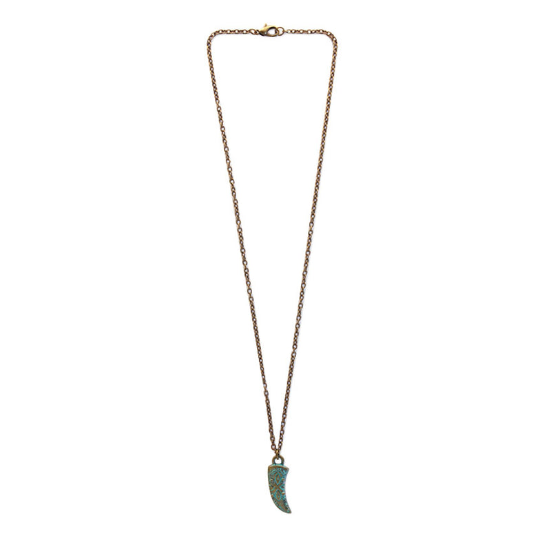 Bronze tribal shark tooth necklace with patina green finish on 16 inch chain – coastal boho beach jewelry
