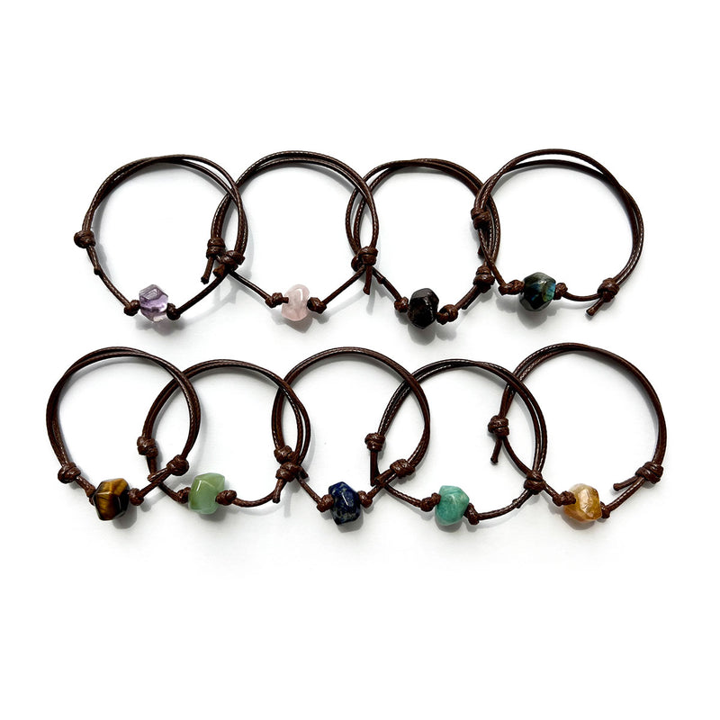 Unisex men’s stone bracelet with tiger’s eye, jade, and amethyst beads on adjustable cord – boho natural gemstone jewelry.