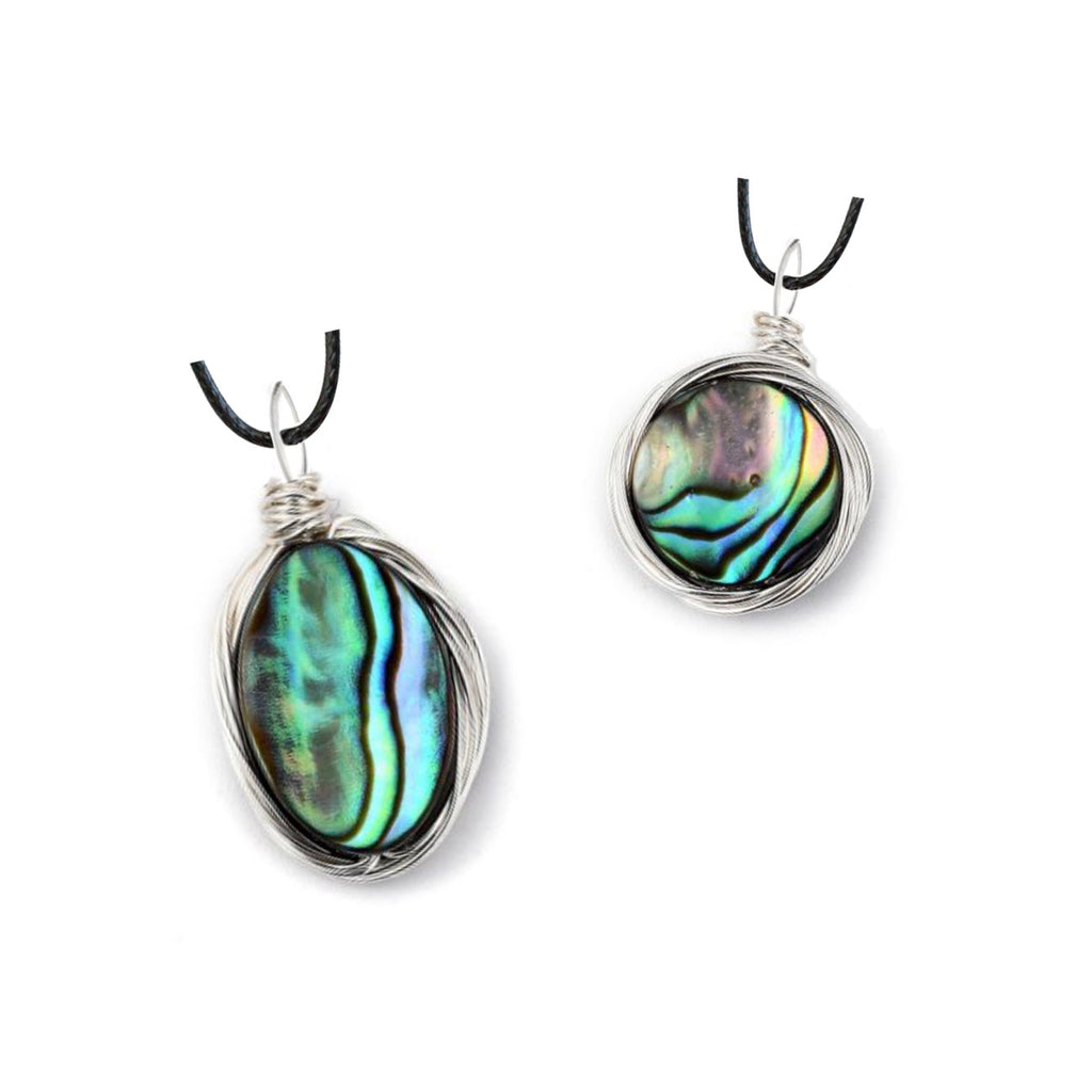 Wire Wrap Abalone Shell Necklace featuring a stunning natural abalone pendant with ocean-inspired colors and elegant wire detailing.